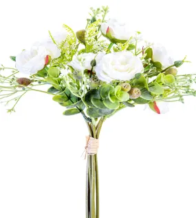 2221029CR | CREAM | 11" MINIATURE ROSE/ EUCALYPTUS BUNDLE