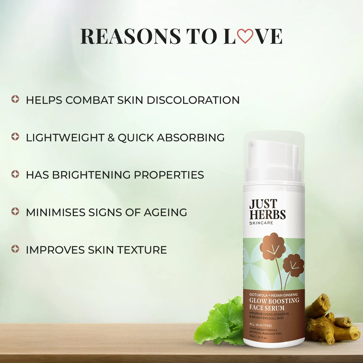 Glow Boosting Face serum with Gotukola & Indian Ginseng - Just Herbs