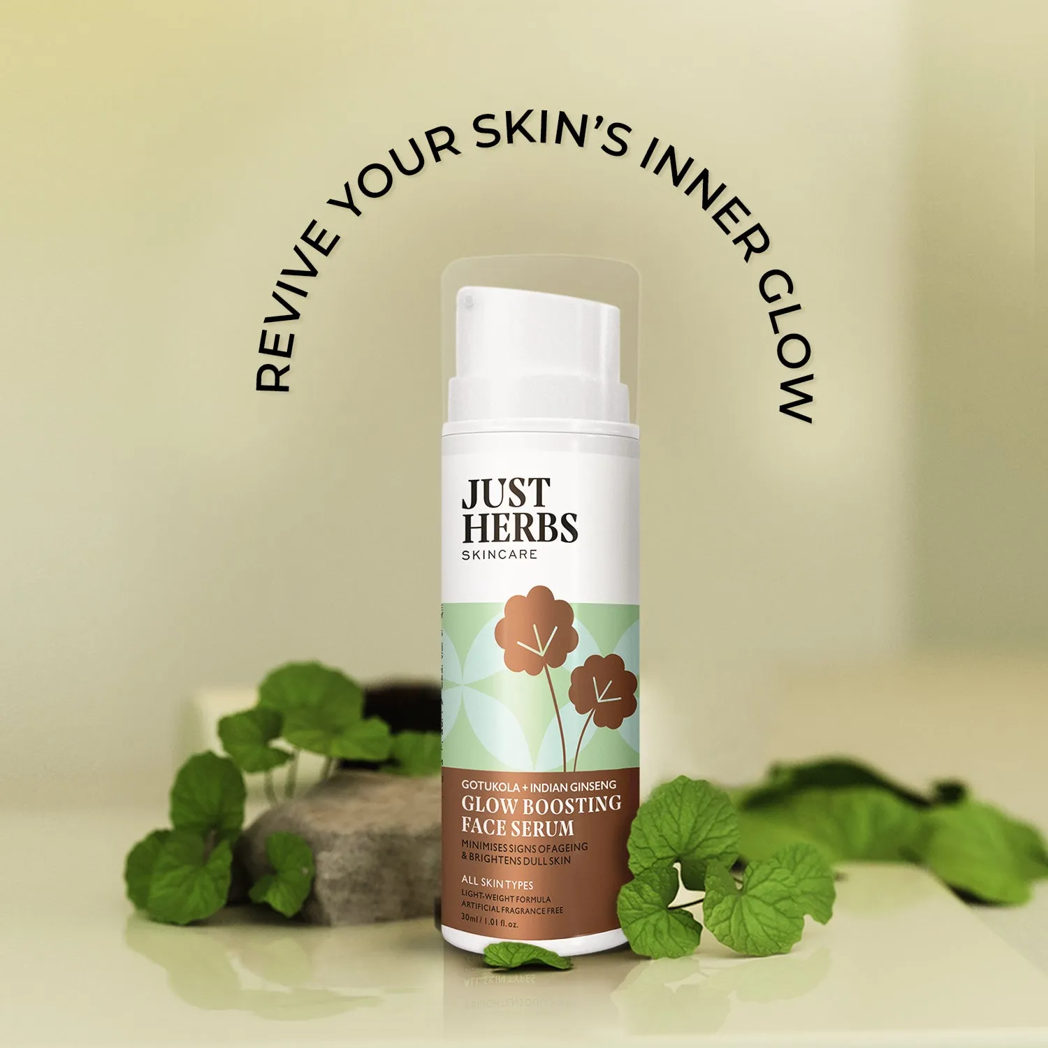 Glow Boosting Face serum with Gotukola & Indian Ginseng - Just Herbs